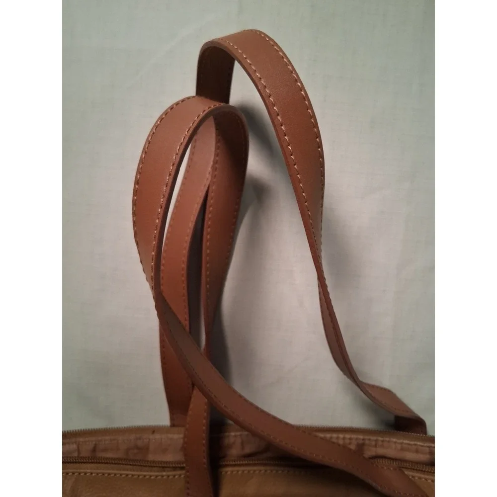 Joy Mangano Cognac Brown Leather Tote Bag Zippered Shoulder‎ Bag Large Carryall